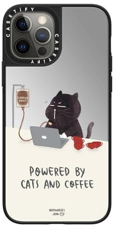 CASETiFY Verspiegelte iPhone 12 Pro Hülle [Reflektierend/1,5 m Fallschutz/Kompatibel mit Magsafe] – Angetrieben von Katzen und Kaffee – Silber auf Schwarz