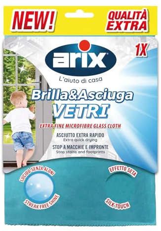 Arix | 1 Brilla&Asciuga per Vetri, 32x30 cm, Panno in Microfibra per Vetri, Panno Anti Aloni e Impronte, Asciugatura Extra rapida, 1 Pezzo