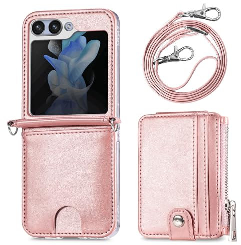 Szakdws Coque de protection compatible avec Samsung Galaxy Z Flip 6 5G - En cuir - Avec compartiment pour cartes - Fermeture éclair - Avec cordon à bandoulière - Rose