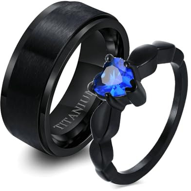 Beydodo Eheringe mit Gravur, Titan und Edelstahl Ringe Set mit Blau Zirkonia Freundschaftsringe Partnerringe Personalisiert Damen Gr.49 (15.6) + Herren Gr.67 (21.3)
