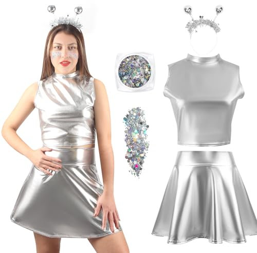 Tutukyle Alien Kostüm Damen, 4 Stück Space Kostüm, Holografischer Glitter Haarreif, Alien Accessoires für Party und Halloween Cosplay