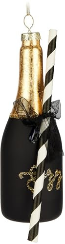 BRUBAKER Champagne Bottle with Straw - Hand-Painted Glass Christmas Bauble - 6.3 inches (16 cm) Tree Bauble Champagne Bottle Matt Black Gold - Mouth-Blown Christmas Tree Decoration - Figure Funny