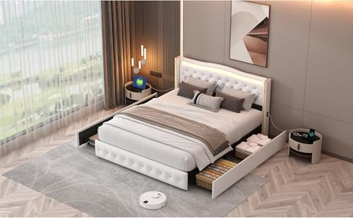 JDEFARF Queen-Size-Bettgestell mit Kopfteil, gepolstertes Kopfteil mit USB, Plattformbettgestell mit 4 Schubladen, kein Boxspringbett nötig, Weiß (140 x 200 cm)