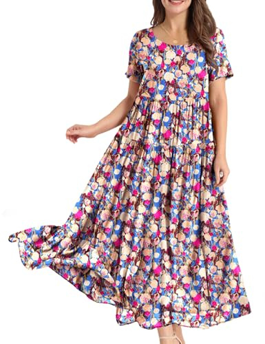 YESNO Women Dresses Casual Plus Size Bohemian Short Sleeve Floral Long Maxi Summer Beach Swing Dress/Pockets M EJFUK CR447