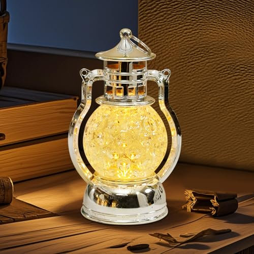 Ramadan Deko Laterne, Eid Ramadan Mubarak Deko LED Laterne Windlicht mit Batterie, Eid al Fitr Mini Nachtlicht Beleuchtung für Festival Tischdeko (Silber)