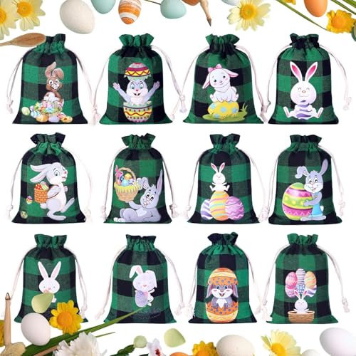 Bolsas de arpillera de Pascua, juego de 12 bolsas de aperitivos vintage, relleno de cesta de Pascua, bolsas de regalo de arpillera de Pascua, bolsas de regalo de Pascua con cordón para caza de huevos