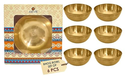 SATVIK Set of 6 Pure Small Brass Bhog Bowl Set for Pooja | Indian Puja Katori for Meditation, Prasad & Diwali Offerings | Tibetan Buddhist Altar Supplies (Set of 6)
