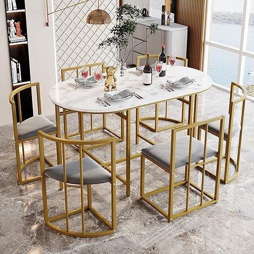 KAZZIO Set di 6 sedie da pranzo: (tavolo bianco, sedie con schienale e imbottitura grigia, struttura in ferro), tavolo da pranzo e sedia, moderna combinazione di tavolo da pranzo (oro)