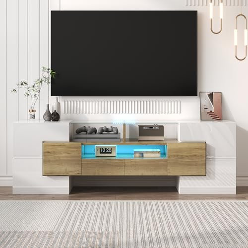 Kayan Moderner TV Schrank, Fernsehtisch mit 6 Schließfach, 2 Schublade und 3 offenes Regal, Hochglänzendes LED-TV-Lowboard für Wohnzimmer und Esszimmer (Natürliche, 145cm lang)