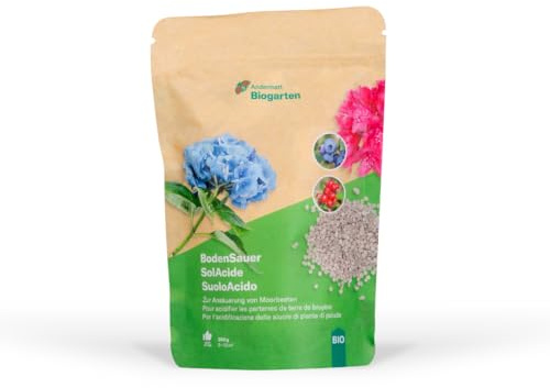 Andermatt Biogarten BodenSauer 300 g – pH Wert senken Boden, Schwefel Dünger für Moorbeetpflanzen, Rhododendron, Hortensien, Heidelbeeren – Boden ansäuern Garten