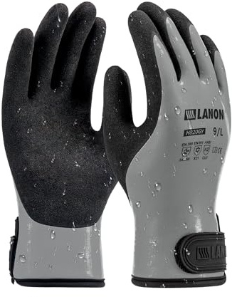 LANON Double Latex Coated Waterproof Winter Work Gloves, Grey, Medium | Thermal Insulated Heavy-Duty Gloves, Non-Slip Grip, Wrist Closure, For Freezers, Construction And Cold Weather