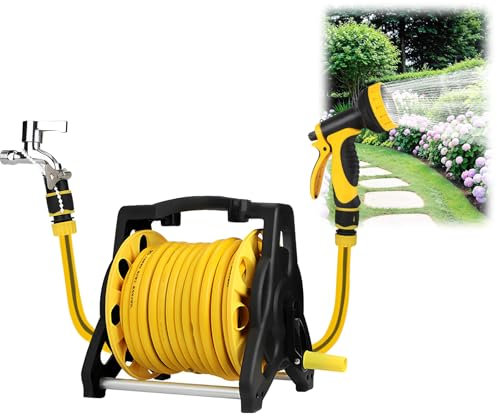 LIROPAU Schlauchtrommel mit 35 m Wasserschlauch, Mobiler Gartenschlauch-Aufroller mit 10 Musterdüsen 360° Schwenkbar für Gartenbewässerung, Autowäsche, Hofreinigen
