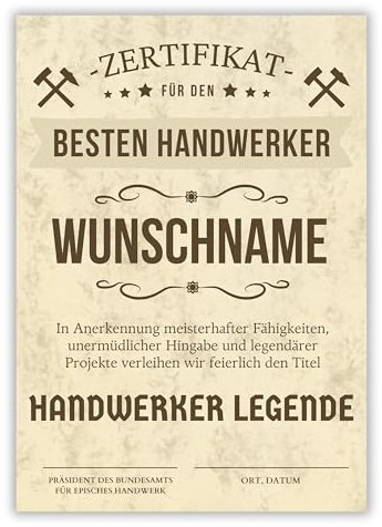 Palanemo Urkunde Handwerker Geschenk personalisiert Zertifikat Handwerk Poster Scherzartikel Für Männer Papa Opa