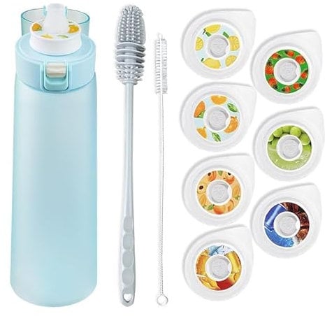 HOPEYHFM Trinkflasche, Luft-Wasserflasche, mit 7 fruchtangereicherte Aroma-Kapseln und Reinigungsbürste, BPA-Frei,650 ml,Sport-Wasserbecher mit Strohhalm, für Fitness,Camping,Fahhrad,Wandern (Blau-2)