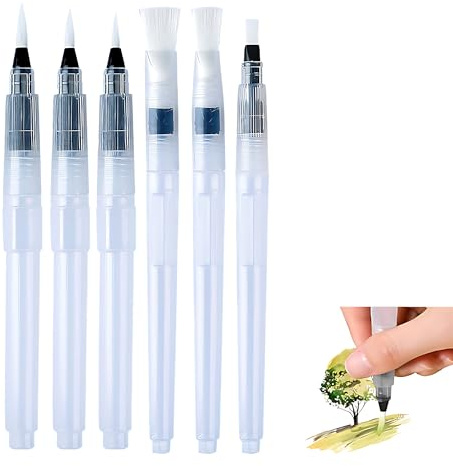 6PCS Refillable Water Pens and Brush Pens Set, Portable Watercolour Brushes for Solid Watercolour, Water-Soluble Pencils, and Blending, Paint Brushes for Artists and Hobbyists