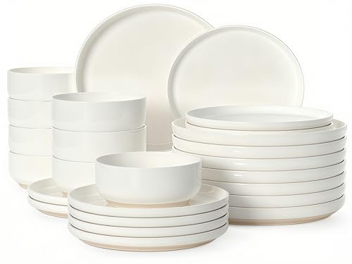 Plates and Bowls Sets, Scratch Resistant Dinnerware Sets for 8, 24 Pieces Porcelain Ceramic Dishware Dishes Set, Modern Stoneware Kitchen Dinner Set, Microwave and Dishwasher Safe, Cream White