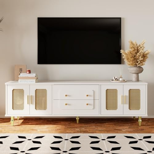 PUGSDRLY Meuble Bas TV 175X38X55.5cm Vintage avec Poignées Dorées, 2 Tiroirs, 4 Portes en Vannerie et Pieds en Bois Massif, Convient aux téléviseurs de 70 à 79 Pouces (White)
