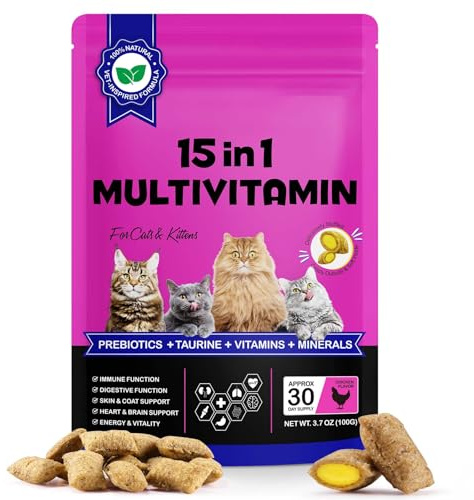 15in1 Multivitamin Cat Treats –Chicken Flavor Chews with Taurine, Prebiotics, Omega, Vitamins & Minerals – Helps Support Immune, Joint, Skin & Coat, Digestive, Heart & Eye Health for Cats