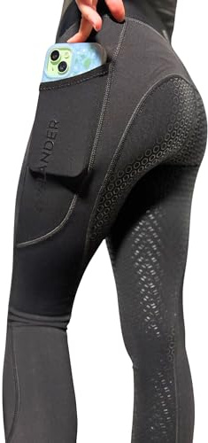 Aiya Kids Horse Riding Tights – Full Seat Silicone Grip Leggings with 5 cm Covered Waistband, Phone Pocket & 4‑Way Stretch – Breathable Compression Horse Riding Pants (Black, 26 Inch Waist)