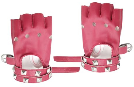 Shurhome Fingerlose Handschuhe für Damen, Punk-Stil, Halbfinger, PU-Leder, Zubehör für Cosplay, Radfahren, Event und Themen-Versammlungen, Punk-Handschuhe, rot, One size