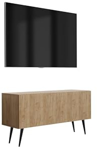 3E 3xE living.com TV-Schrank mit geriffelter Front, Eiche Craft, Schwarze, schräge Beine, 100 × 32 × 52 cm