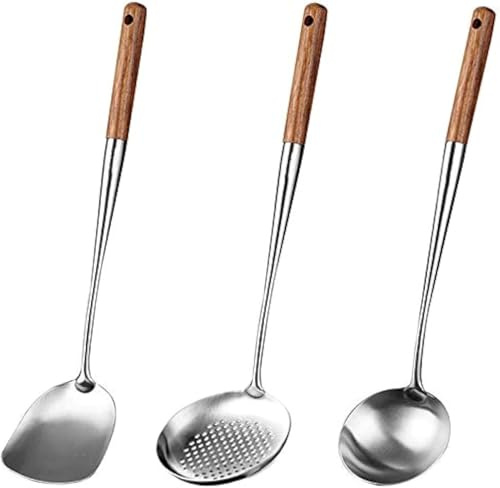 Wok Spatula and Ladle Set, Stainless Steel Wok Utensils with Wooden Handle | 17in Long-Handle Design for Comfortable Stir-Frying and Everyday Wok Cooking.