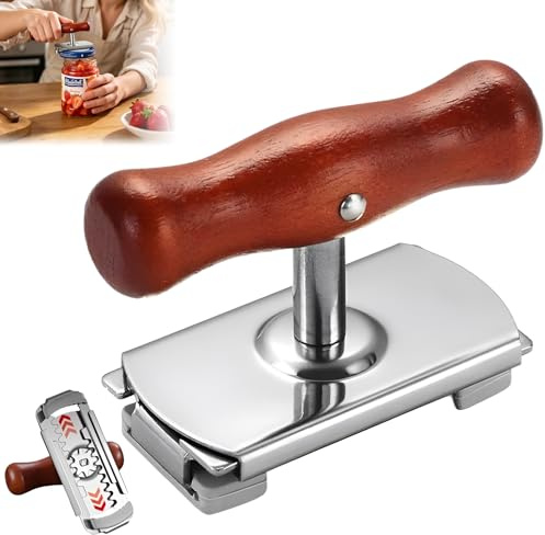[Modelo mejorado] Abrelatas de vidrio de acero inoxidable extra grueso, abretapas de rosca ajustable con mango de silicona y mango de madera, fácil de abrir para personas mayores, botellas y abrelatas