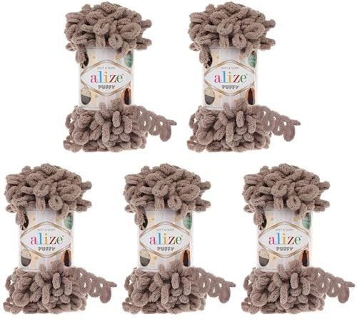 Alize Puffy 5 x 100 Gramm Strickwolle, 500 Gramm Fingerstrick - Wolle super Bulky, Schlaufenwolle, Stricken ohne Nadel (beige 530)