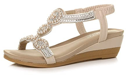 AJVANI mid wedge heel diamante t-bar elastic slingback sandals size 7 40