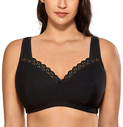 DELIMIRA Reggiseno Cotone Senza Ferretto in Pizzo Taglie Forti Morbido Senza Imbottitura Coppa Piena Nero 9G