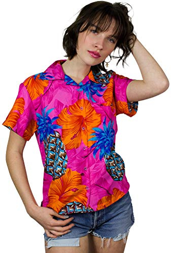 King Kameha Funky Hawaii-Bluse-Hemd, Damen, Kurzarm, Pineapple-Hibiscus, Shadow-Pink, L