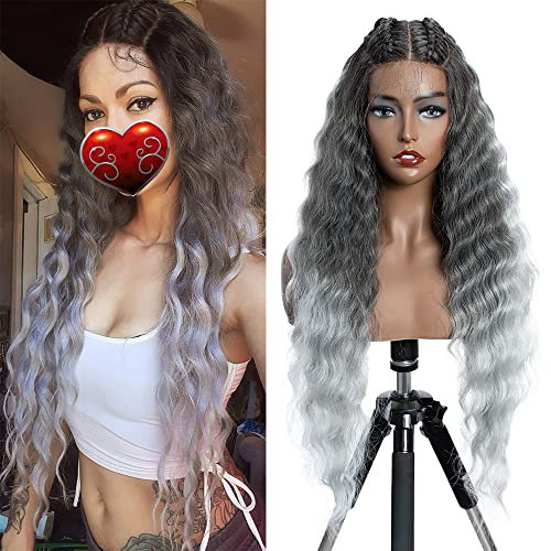 FASHION IDOL Lace Front Curly Wigs 31 Long Synthetic Natural Water Wavy Wig for Black Women Ombre Gray with E Type HD Lace Wig