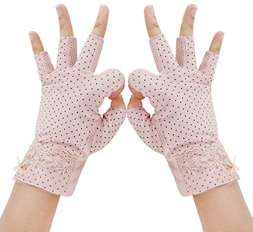 Damen Sommer Halbfinger Handschuhe Baumwolle Fahrradhandschuhe Kurz Spitzenhandschuhe Anti-Rutsch, Anti-UV Schutz, Dünn Sonnenschutz Fäustlinge Gloves für Fahren Outdoor Motorrad Radfahren (Rosa)