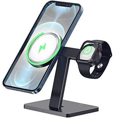EWA Supporto per Caricabatterie Wireless 2 in 1 Compatibile con Caricabatterie MagSafe e Apple Watch, Compatibile con iPhone 15, 14, 13, 12 e Apple Watch - Nero (Non Includere il Caricabatterie)