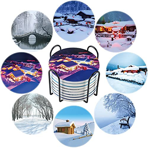 Dessous de Verre pour Boissons, Dessous de Verre absorbants en céramique pour Table Basse, Lot de 8 sous-Verres résistants à la Chaleur avec Support pour Protection de Table en Bois