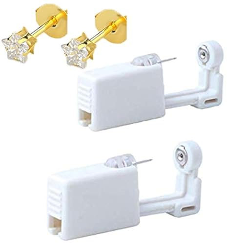 Self Ear Piercing Gun Earring Disposable Ear Stud Gun Kit Sterile NoPain Tool Pack of 2 (#12 4mm Star Gem, White Gem-Gold Base)