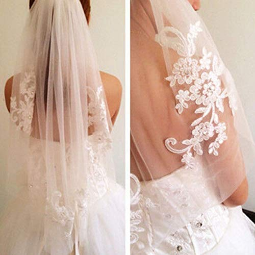 WQTR Schleier Braut 1T-Weiß-Elfenbein SpitzeAppliques Strass Brautschleier mit Kamm Hochzeit Frauen-Elegante Haarbänder Eine Schicht Blumenstickerei Schleier (Color : Ivory)