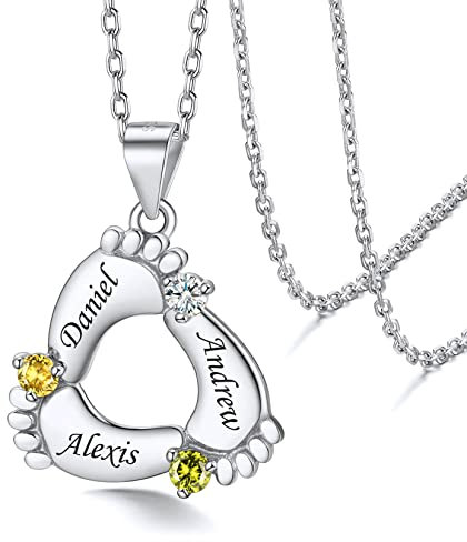 Silvora La Mejor Mama Personalizable Pie de Bebes Colgante Plata con Piedras Natales - 3 Nombres