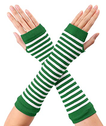 sourcing map Women's Fingerless Gloves Printed Elbow Length Knitted Arm Warmers Green White One Size