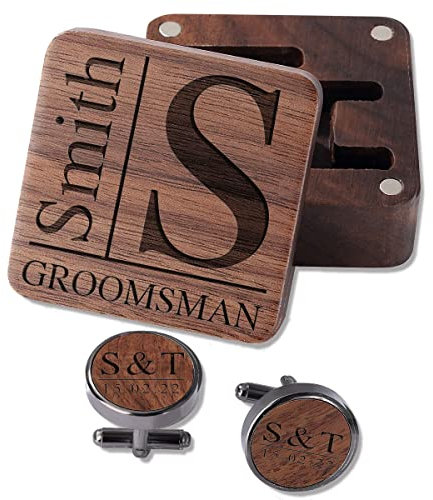 Personalisierte Hochzeit Manschettenknöpfe für Männer, Nussbaum Manschettenknöpfe für Bräutigam, Trauzeuge, Manschettenknöpfe aus Holz Geschenke für Papa Ehemann mit Box