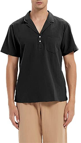 Shirt Herren Einfarbig Revers Taschen Shirt Herren Knopfleiste Kurzarm Casual T-Shirt Regular Fit Sommer Licht All-Match Herren Polo T-Shirt Herren B-Black XL