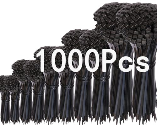 1000 Stück Schwarz Kabelbinder Set 100/150/200/250 /300mm, Kabelbinder UV Beständig mit, Kabelmanagement Gartenarbeit Cable Ties (1000pcs, ZD-002)