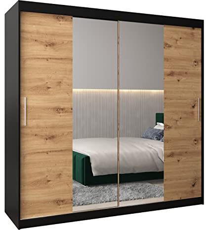 Armoire à Portes coulissantes Tokyo 1 200 Armoire avec Tringle et étagère, Chambre à Coucher avec Miroir (Noir Mat + Chêne Artisan)