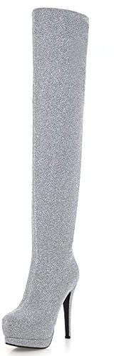 Lroey Reoly Stivali da Donna Sopra Il Ginocchio con Tacco a Spillo, Stivali da Festa Moda Zip Stivali Alti Tacco Alto Punta Rotonda con Plateau Brillantini Stivali 355 Argento Numero 33 EU