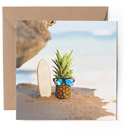 1 x Grußkarte (Fotoeinlage) – Surfboard Ananas Strand Kumpel – blanko Geburtstagsfeier Jahrestag #12317