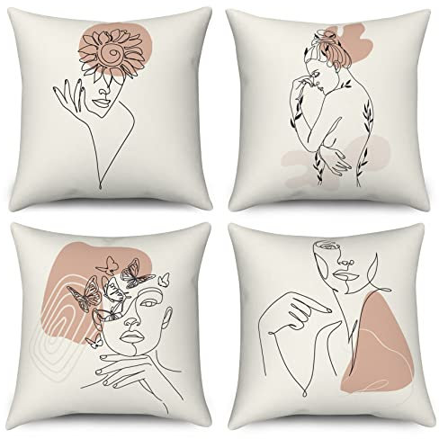 Boho Kissenbezug 40x40 cm 4er Set, Modern Abstrakt Kunst Mädchen Gesicht Körper Sofa Kissen Bezug Dekokissen Kissenbezüge Kissenhülle Waschbar Polyester Flachs Textil Outdoor Polster Kopfkissenbezug