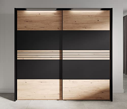 möbelando Schwebetürenschrank MELIKA 302SX in F:Schwarz/Dekor Lamellen ArtisanEiche/K:Artisan Eiche mit 2 Türen und 4 Fächern. Abmessungen (BxHxT) 220x213,1x60 cm