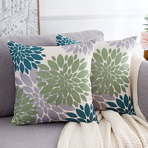 Kissenbezug 40x40 Blaugrün Grün Grau Outdoor Sofakissen Geometrische Blume Dahlie Kissenhülle Moderne 2er Set Quadratisch Leinen Dekokissen Kissenhülle Herbst Sommer für Sofa Wohnzimmer Auto