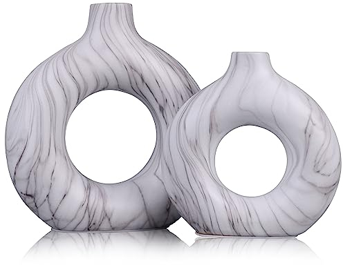 QIANLING Keramikvase, 2er-Set, moderne runde Dekoration, Donut-Keramik-Blumenvase, rustikale Vintage-Tischdekoration für Wohnzimmer, Esszimmer, Küche, Boho, Bauernhaus, Blumendekoration, Hochzeit und
