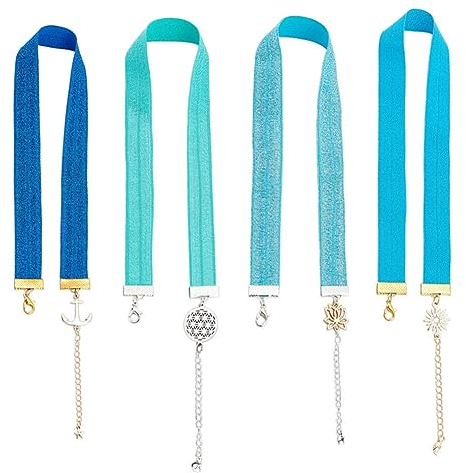 FINGERINSPIRE 4 Farben Elastisches Lesezeichen 37 cm Elastische Seilbänder Lesezeichen Mit Lotus/Blume des Lebens/Anker/Sonne Anhänger Metall Lesezeichen Mit Kette Karabiner Für Abschlussgeschenke